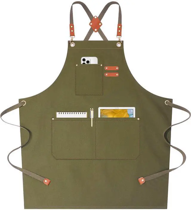 Main image of Chef Aprons for Women Men with Oversized Pockets, 12-Ounce Cotton Canvas Cross Back Water Repellent Apron (Grey Green)