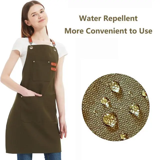 Alt view image 3 of 7 - Chef Aprons for Women Men with Oversized Pockets, 12-Ounce Cotton Canvas Cross Back Water Repellent Apron (Grey Green)