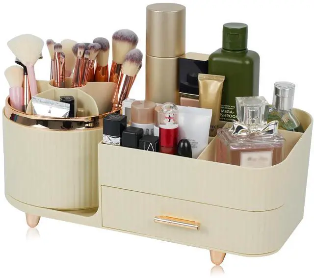 Main image of Makeup Organizer Countertop with Drawer 360 Rotating Brush Holder Storage Large Capacity Skincare Cosmetic Display Cases for Vanity Bathroom Desktop, Model 3016 Cream