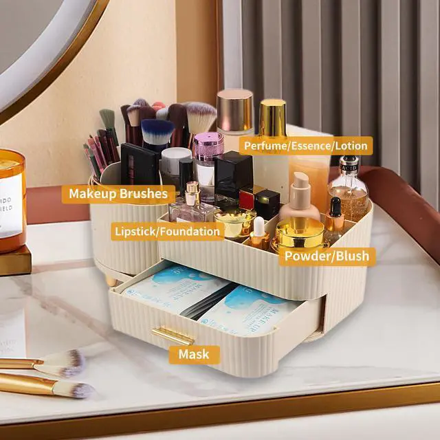 Alt view image 3 of 6 - Makeup Organizer Countertop with Drawer 360 Rotating Brush Holder Storage Large Capacity Skincare Cosmetic Display Cases for Vanity Bathroom Desktop, Model 3016 Cream