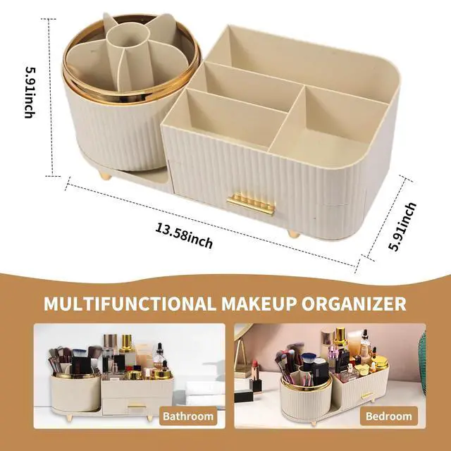 Alt view image 2 of 6 - Makeup Organizer Countertop with Drawer 360 Rotating Brush Holder Storage Large Capacity Skincare Cosmetic Display Cases for Vanity Bathroom Desktop, Model 3016 Cream