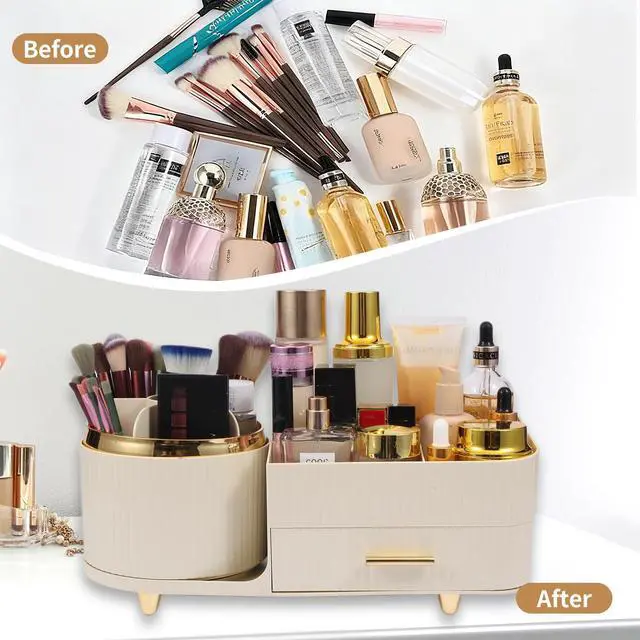 Alt view image 4 of 6 - Makeup Organizer Countertop with Drawer 360 Rotating Brush Holder Storage Large Capacity Skincare Cosmetic Display Cases for Vanity Bathroom Desktop, Model 3016 Cream