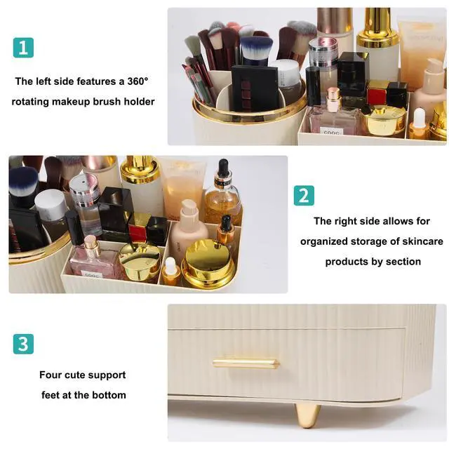 Alt view image 5 of 6 - Makeup Organizer Countertop with Drawer 360 Rotating Brush Holder Storage Large Capacity Skincare Cosmetic Display Cases for Vanity Bathroom Desktop, Model 3016 Cream