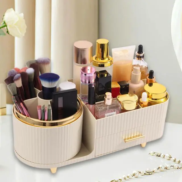 Alt view image 6 of 6 - Makeup Organizer Countertop with Drawer 360 Rotating Brush Holder Storage Large Capacity Skincare Cosmetic Display Cases for Vanity Bathroom Desktop, Model 3016 Cream