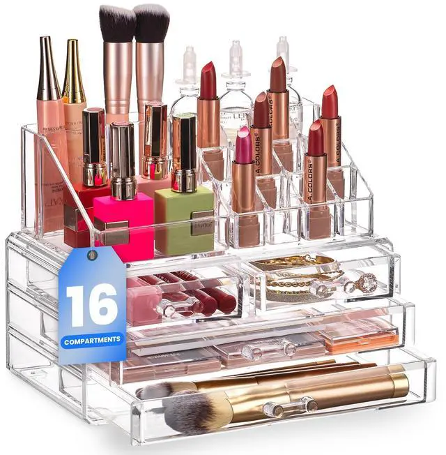 Main image of Clear Makeup Organizer with 4 Drawers 16 Compartments, Countertop | 16-Compartment Clear Acrylic Makeup Organizer, 4 Drawers, Cosmetic Jewelry Perfume Skincare Storage, Vanity Countertop