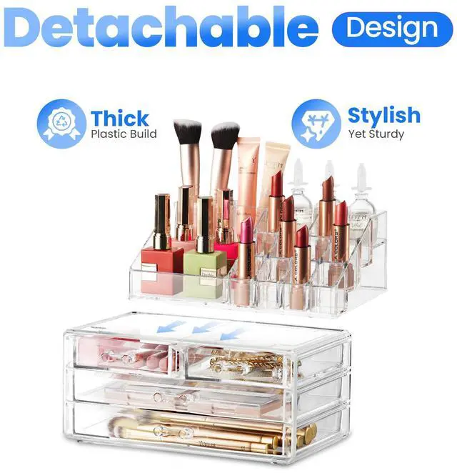 Alt view image 5 of 7 - Clear Makeup Organizer with 4 Drawers 16 Compartments, Countertop | 16-Compartment Clear Acrylic Makeup Organizer, 4 Drawers, Cosmetic Jewelry Perfume Skincare Storage, Vanity Countertop