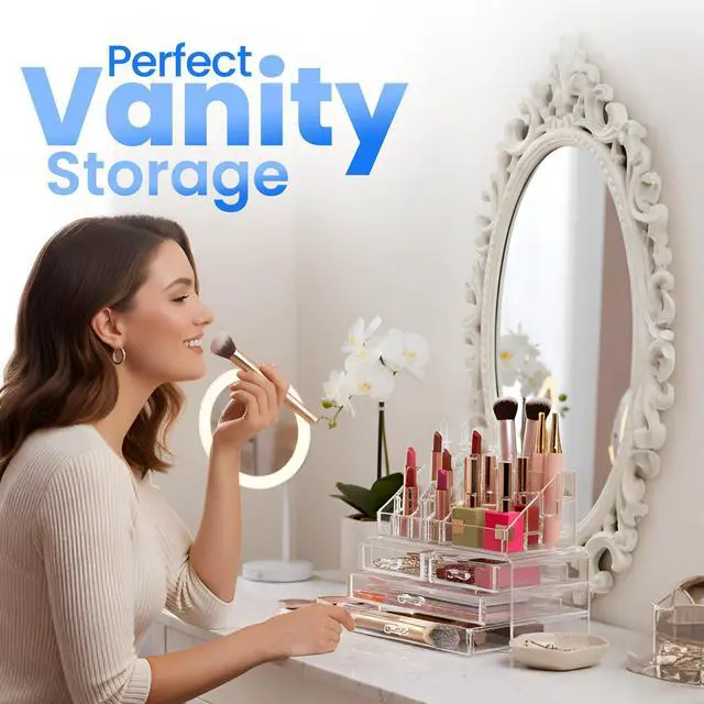 Alt view image 7 of 7 - Clear Makeup Organizer with 4 Drawers 16 Compartments, Countertop | 16-Compartment Clear Acrylic Makeup Organizer, 4 Drawers, Cosmetic Jewelry Perfume Skincare Storage, Vanity Countertop