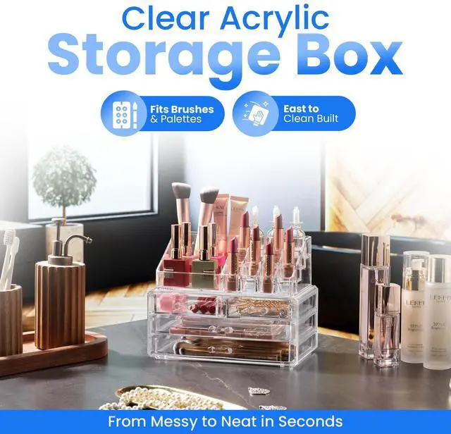 Alt view image 4 of 7 - Clear Makeup Organizer with 4 Drawers 16 Compartments, Countertop | 16-Compartment Clear Acrylic Makeup Organizer, 4 Drawers, Cosmetic Jewelry Perfume Skincare Storage, Vanity Countertop