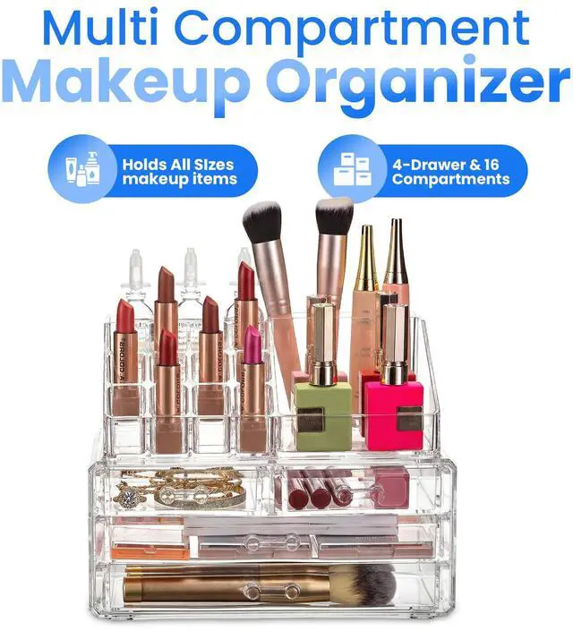 Alt view image 3 of 7 - Clear Makeup Organizer with 4 Drawers 16 Compartments, Countertop | 16-Compartment Clear Acrylic Makeup Organizer, 4 Drawers, Cosmetic Jewelry Perfume Skincare Storage, Vanity Countertop