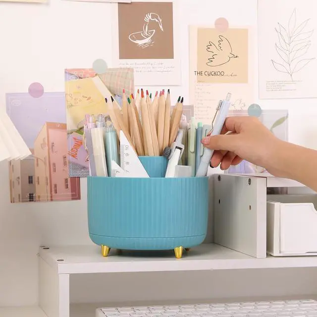 Alt view image 3 of 7 - Makeup Organizer, Rotating Pencil Pen Holder for Desk, Dual-Purpose Desktop Organizer for Cosmetics & Pens, Makeup Brush Holder with 5 Slots, Pencil Cup for Office, Home