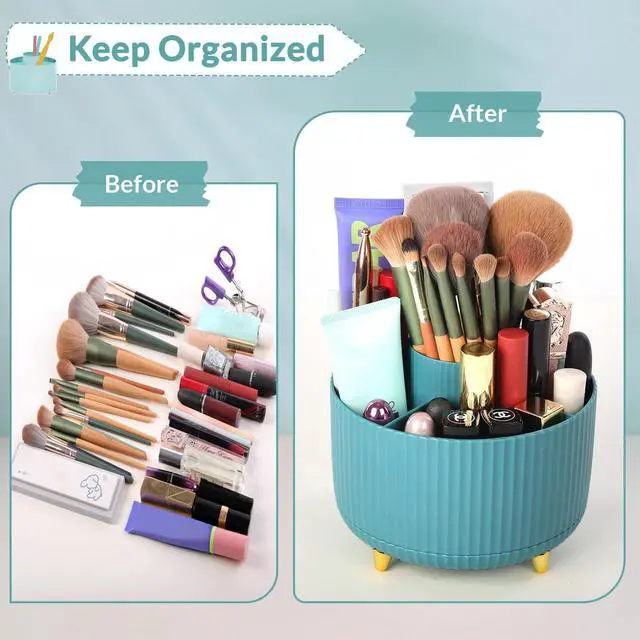 Alt view image 6 of 7 - Makeup Organizer, Rotating Pencil Pen Holder for Desk, Dual-Purpose Desktop Organizer for Cosmetics & Pens, Makeup Brush Holder with 5 Slots, Pencil Cup for Office, Home