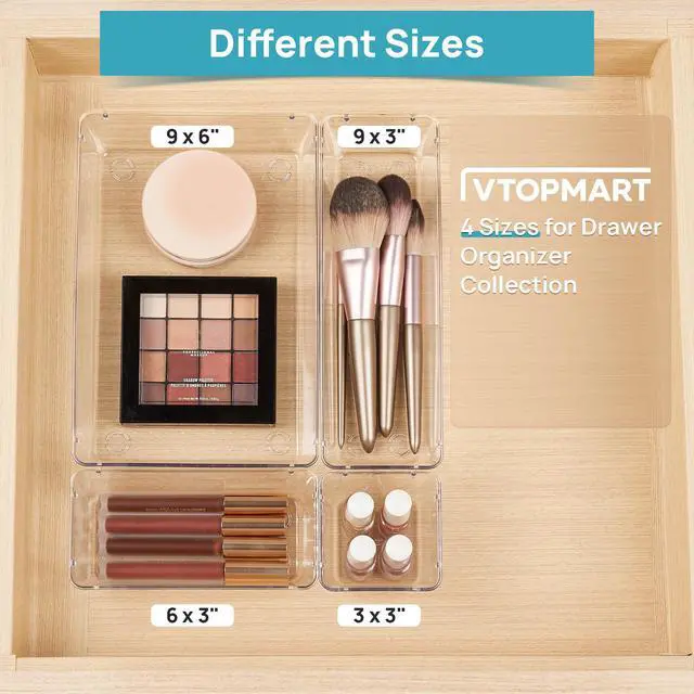 Alt view image 4 of 7 - 10 Pack Clear Drawer Organizer Bins, 4 Sizes Makeup Storage Trays | Makeup & Vanity Storage Organizers for Drawers, Bathroom, Office and Daily Essentials, Clear Acrylic Bins Keep Items Sorted