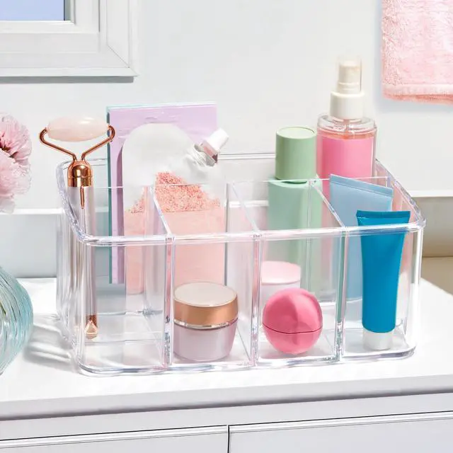 Alt view image 4 of 7 - 5-Compartment Clear Plastic Organizer | Rectangular Divided Makeup and Vanity Storage Bin and Office Desk Caddy | Scalloped Wall Design | Made in USA