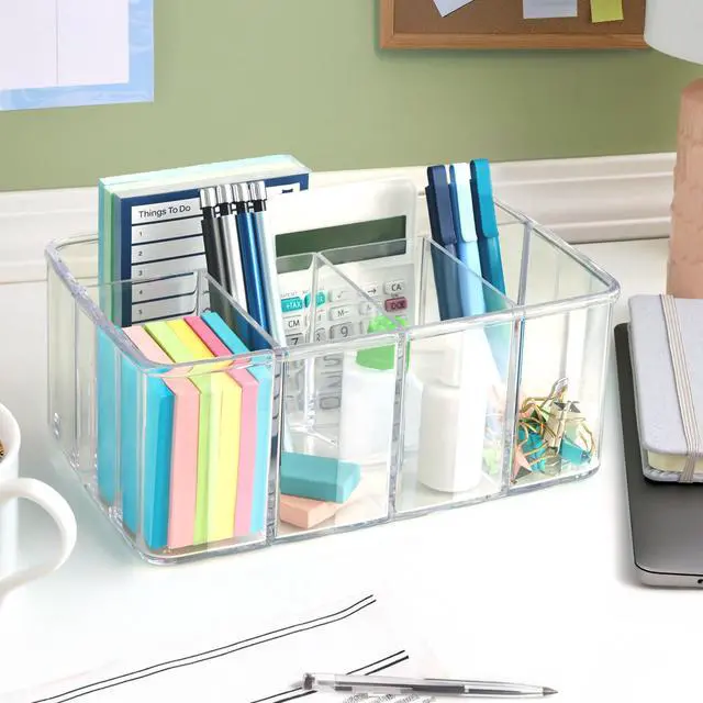 Alt view image 5 of 7 - 5-Compartment Clear Plastic Organizer | Rectangular Divided Makeup and Vanity Storage Bin and Office Desk Caddy | Scalloped Wall Design | Made in USA