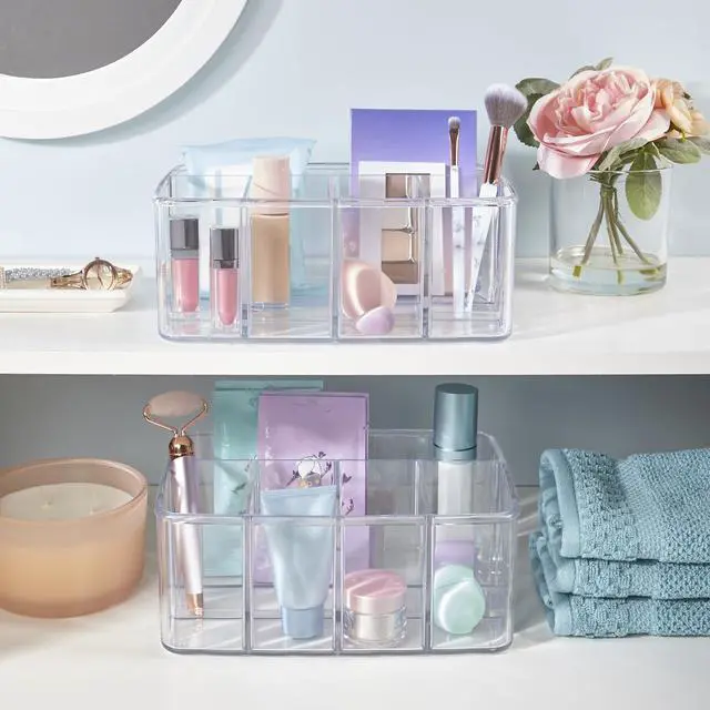 Alt view image 6 of 7 - 5-Compartment Clear Plastic Organizer | Rectangular Divided Makeup and Vanity Storage Bin and Office Desk Caddy | Scalloped Wall Design | Made in USA