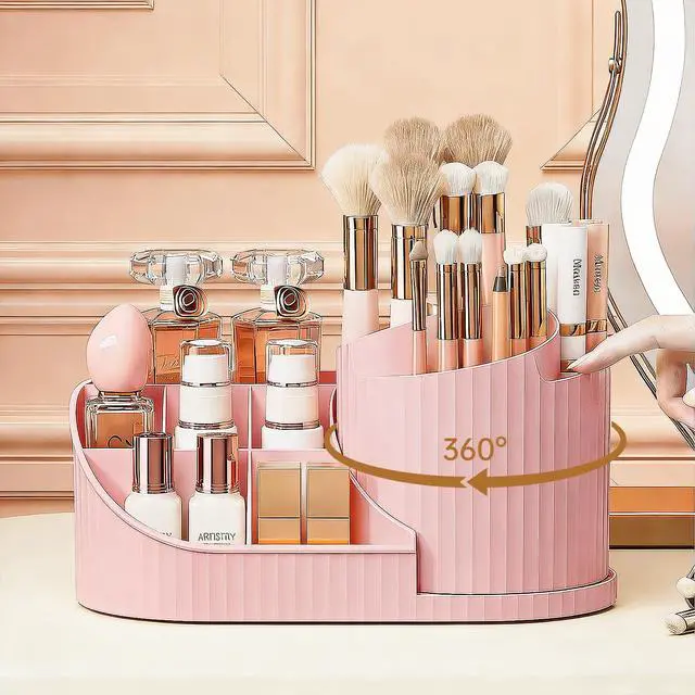 Alt view image 2 of 5 - 360 Rotating Makeup Brush Holder Make Up Brushes Organizer, Pink | Spinning Makeup Brush Cup Cosmetics Container Pen Holder Lipsticks Storage for Vanity, Dresser