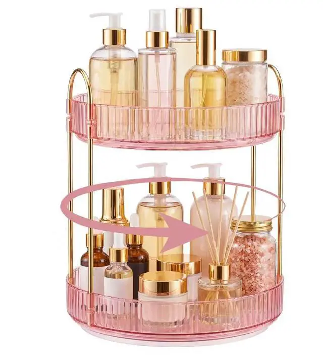 Main image of Rotating Makeup Organizer Countertop, Bathroom Lazy Susan Tray Stand | 360° Spinning Perfume & Skincare Vanity Holder, 2-Tier Pink, Desk Counter Organizer and Storage for Easy Visibility