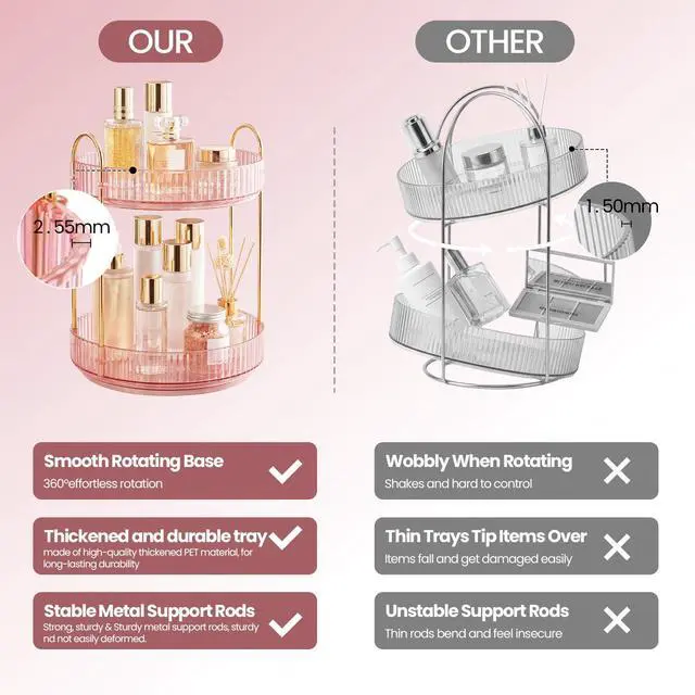 Alt view image 4 of 7 - Rotating Makeup Organizer Countertop, Bathroom Lazy Susan Tray Stand | 360° Spinning Perfume & Skincare Vanity Holder, 2-Tier Pink, Desk Counter Organizer and Storage for Easy Visibility