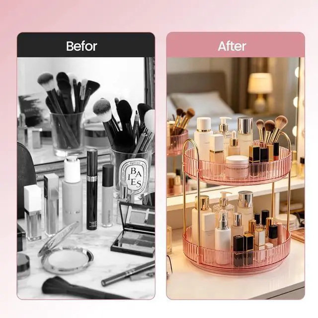 Alt view image 5 of 7 - Rotating Makeup Organizer Countertop, Bathroom Lazy Susan Tray Stand | 360° Spinning Perfume & Skincare Vanity Holder, 2-Tier Pink, Desk Counter Organizer and Storage for Easy Visibility