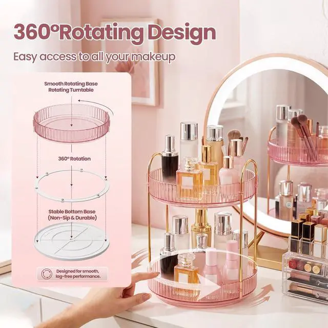 Alt view image 3 of 7 - Rotating Makeup Organizer Countertop, Bathroom Lazy Susan Tray Stand | 360° Spinning Perfume & Skincare Vanity Holder, 2-Tier Pink, Desk Counter Organizer and Storage for Easy Visibility