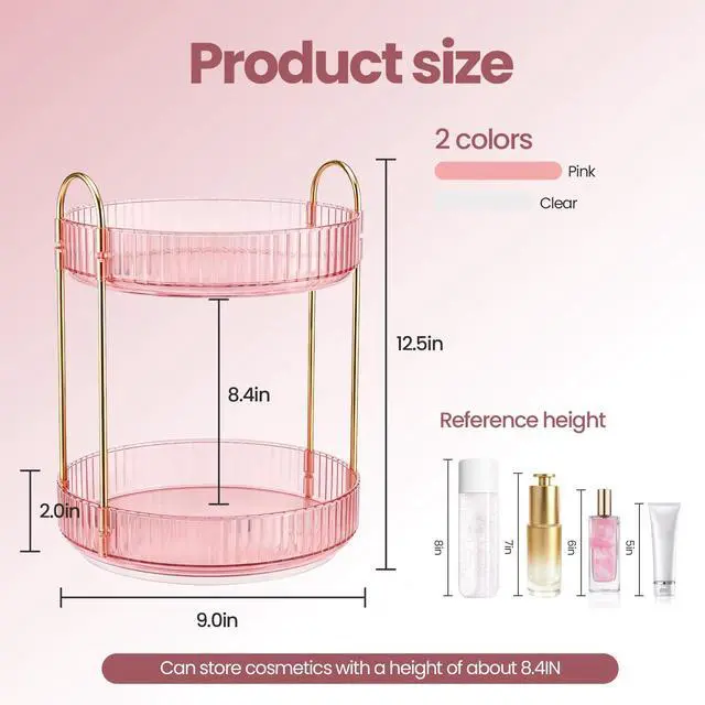Alt view image 2 of 7 - Rotating Makeup Organizer Countertop, Bathroom Lazy Susan Tray Stand | 360° Spinning Perfume & Skincare Vanity Holder, 2-Tier Pink, Desk Counter Organizer and Storage for Easy Visibility