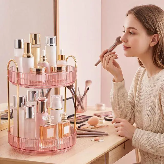 Alt view image 6 of 7 - Rotating Makeup Organizer Countertop, Bathroom Lazy Susan Tray Stand | 360° Spinning Perfume & Skincare Vanity Holder, 2-Tier Pink, Desk Counter Organizer and Storage for Easy Visibility