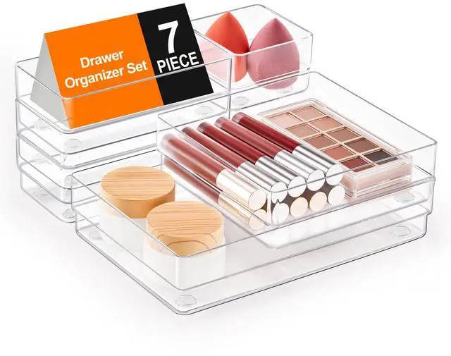 Main image of 7 PCS Drawer Organizer, 4-Size Desk Drawer Organizer Trays | Storage Tray with Non-Slip Silicone Pads for Makeup, Jewelries, Utensils in Bedroom Dresser, Office and Kitchen (Clear)