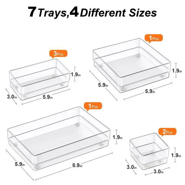 Alt view image 2 of 7 - 7 PCS Drawer Organizer, 4-Size Desk Drawer Organizer Trays | Storage Tray with Non-Slip Silicone Pads for Makeup, Jewelries, Utensils in Bedroom Dresser, Office and Kitchen (Clear)