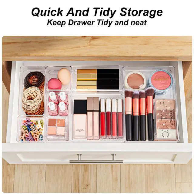 Alt view image 5 of 7 - 7 PCS Drawer Organizer, 4-Size Desk Drawer Organizer Trays | Storage Tray with Non-Slip Silicone Pads for Makeup, Jewelries, Utensils in Bedroom Dresser, Office and Kitchen (Clear)