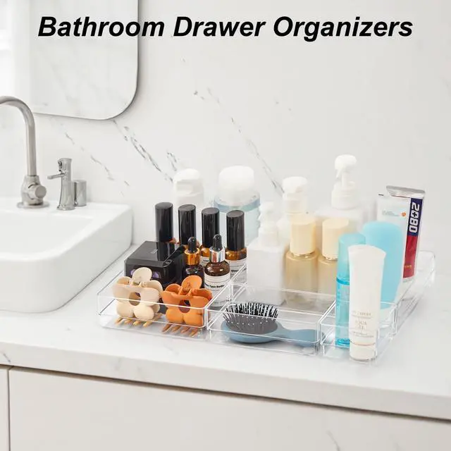 Alt view image 6 of 7 - 7 PCS Drawer Organizer, 4-Size Desk Drawer Organizer Trays | Storage Tray with Non-Slip Silicone Pads for Makeup, Jewelries, Utensils in Bedroom Dresser, Office and Kitchen (Clear)