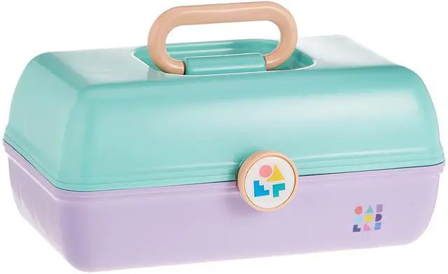 Alt view image 3 of 5 - On-The-Go Girl Makeup Box, Seafoam on Lavender, Hard Plastic Makeup Organizer Box, Built-In Mirror, Secure Latch for Safe Travel, Spacious Storage for Large Items