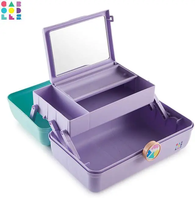 Alt view image 5 of 5 - On-The-Go Girl Makeup Box, Seafoam on Lavender, Hard Plastic Makeup Organizer Box, Built-In Mirror, Secure Latch for Safe Travel, Spacious Storage for Large Items