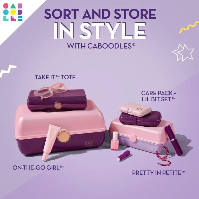 Alt view image 4 of 5 - On-The-Go Girl Makeup Box, Seafoam on Lavender, Hard Plastic Makeup Organizer Box, Built-In Mirror, Secure Latch for Safe Travel, Spacious Storage for Large Items