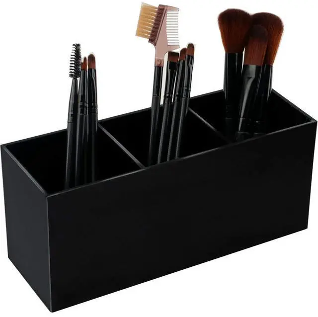 Main image of Black Makeup Brush Holder Organizer, 3 Slot Acrylic Cosmetics Brushes Storage Solution