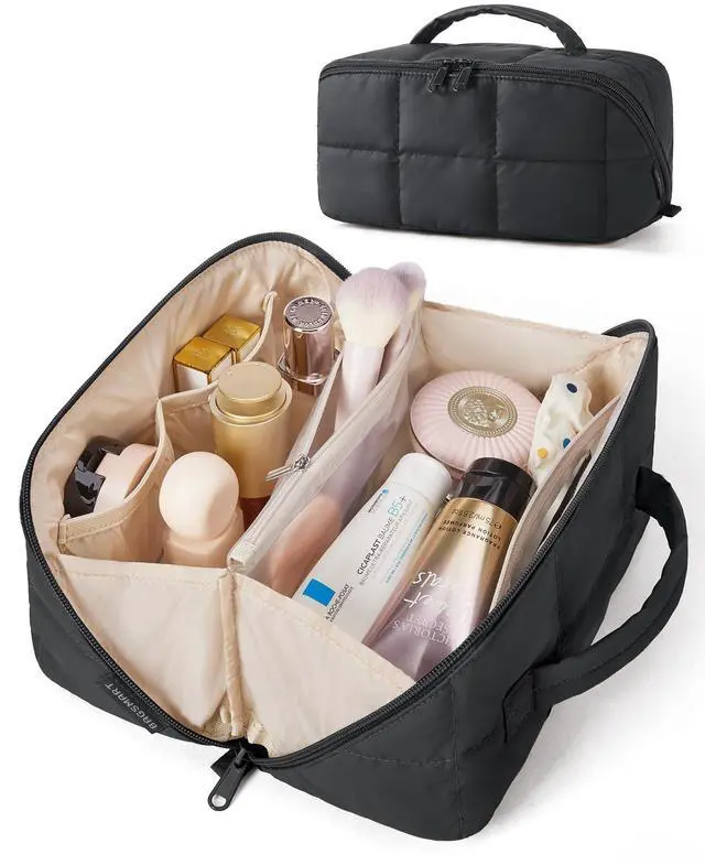 Main image of Travel Makeup Bag, Large Capacity Cosmetic Organizer for Women | Roomy fits all makeup, opens flat for full view. Lightweight, water-resistant & dual zippers. PVC pouch ideal for travel