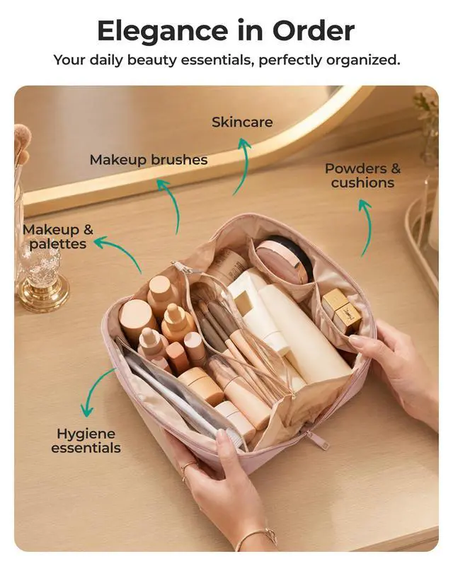 Alt view image 3 of 7 - Travel Makeup Bag, Large Capacity Cosmetic Organizer for Women | Roomy fits all makeup, opens flat for full view. Lightweight, water-resistant & dual zippers. PVC pouch ideal for travel