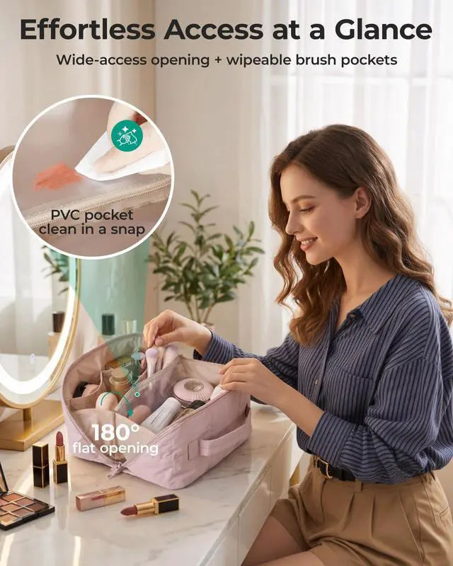 Alt view image 4 of 7 - Travel Makeup Bag, Large Capacity Cosmetic Organizer for Women | Roomy fits all makeup, opens flat for full view. Lightweight, water-resistant & dual zippers. PVC pouch ideal for travel