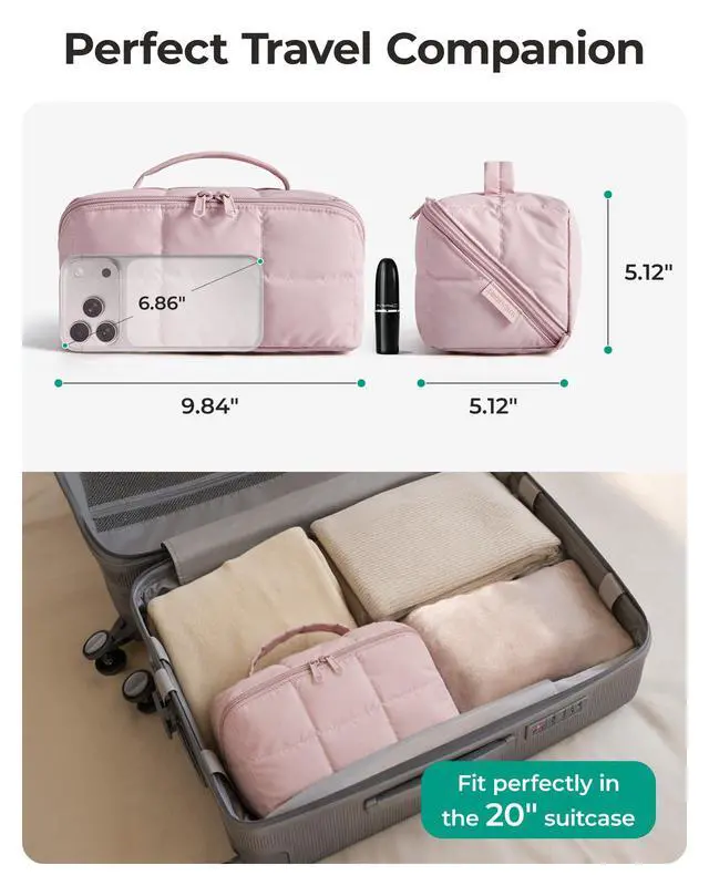 Alt view image 6 of 7 - Travel Makeup Bag, Large Capacity Cosmetic Organizer for Women | Roomy fits all makeup, opens flat for full view. Lightweight, water-resistant & dual zippers. PVC pouch ideal for travel