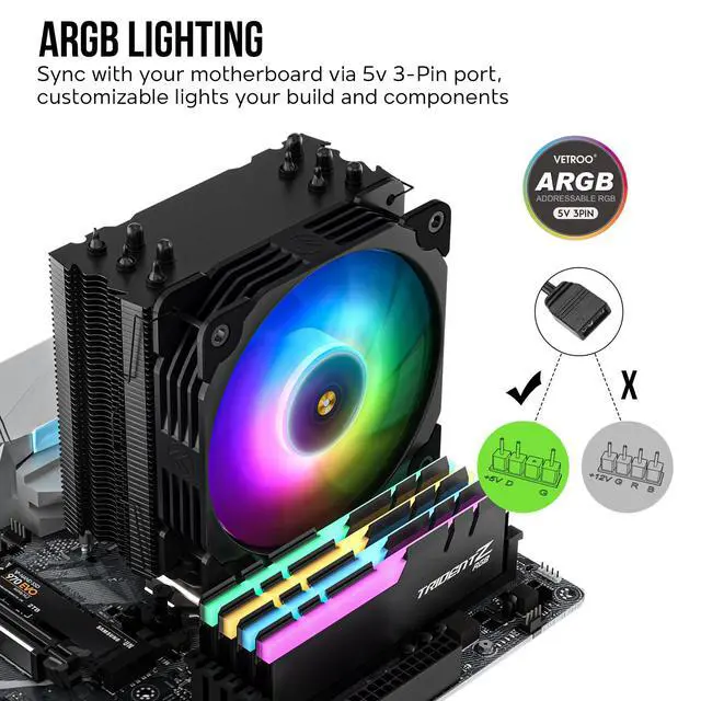 Alt view image 3 of 7 - V5 Black CPU Air Cooler with 5 Heat Pipes | 120mm FDB PWM Processor Cooling for Intel LGA 1851/1700/1200/115X AMD AM5/AM4, Addressable RGB Lights Sync