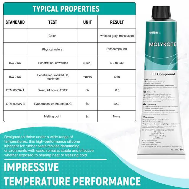 Alt view image 5 of 7 - Molykote 111 Compound Valve Lubricant and Sealant 150g 5.3oz, Silicone Grease for O-Rings, Plug Valves, Seal & Protect Rubber & Plastic Components, Water Resistant, Low Volatility