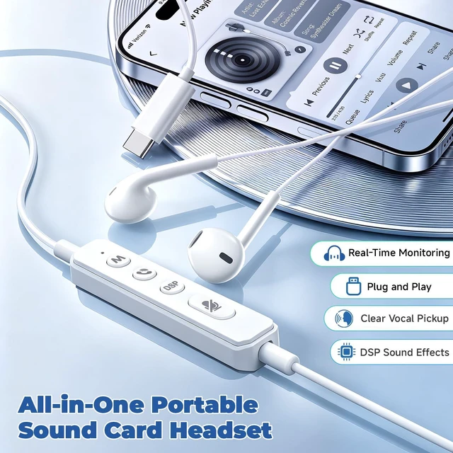 Alt view image 3 of 7 - Sound Card Karaoke Headset with In-ear Monitoring, Voice Changer | Reverberation, Built-in Sound Card, Karaoke Microphone, Portable Karaoke Headphones, Type C HiFi Wired Earbuds for Musician