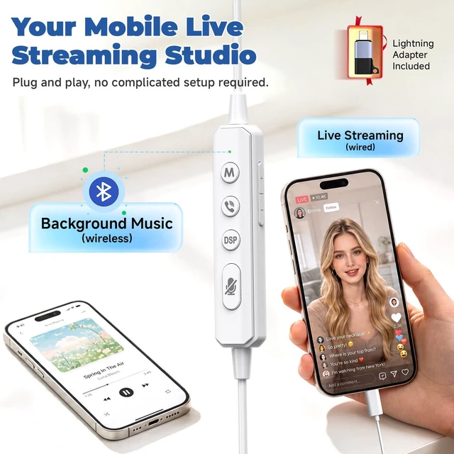 Alt view image 6 of 7 - Sound Card Karaoke Headset with In-ear Monitoring, Voice Changer | Reverberation, Built-in Sound Card, Karaoke Microphone, Portable Karaoke Headphones, Type C HiFi Wired Earbuds for Musician