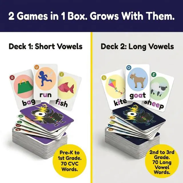 Alt view image 5 of 7 - WOWELs Phonics and Vowel Sounds Card Game - Learn to Read Kindergarten 1st 2nd Grade Learning - Short Vowel CVC Words and Long Vowel Matching Game 2-8 Players