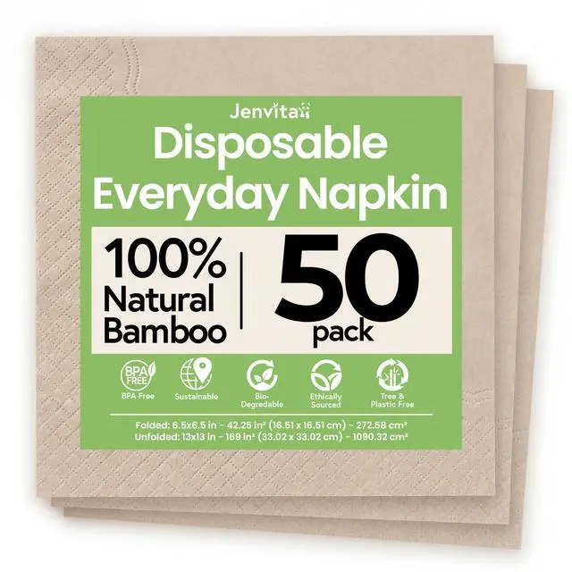 Main image of 100% Bamboo Napkins, 2-Ply, 50 Pack, 6.5 x 6.5 Inch, Biodegradable | 2-Ply, FSC Certified, Disposable, Lunch, Dinner, Events, Occasions, Entertaining, Paper Towels