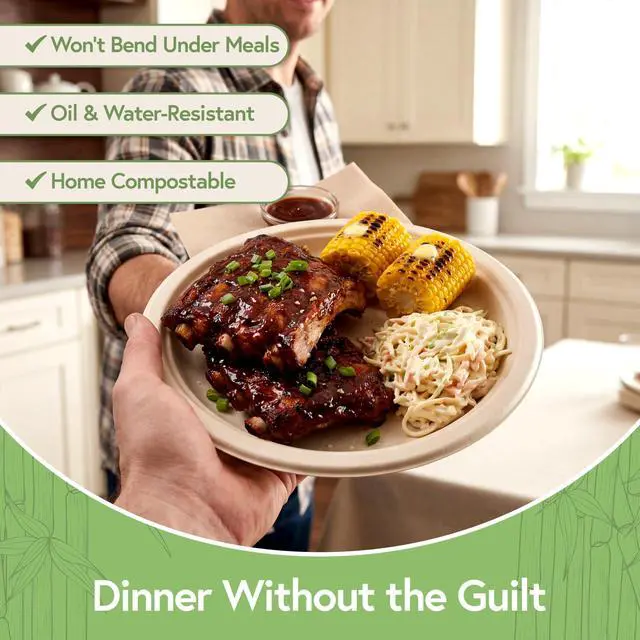 Alt view image 2 of 7 - Bamboo Paper Plates, 50 Pack, 9 Inch Disposable | Sturdy, Microwave Safe, Compostable, Heavy Duty, PFAS Free, Biodegradable, FSC Certified, Plastic Alternative