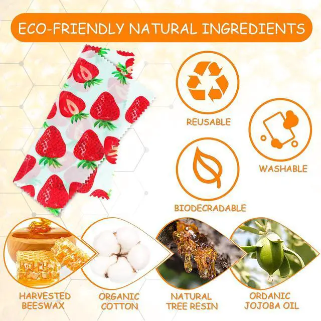 Alt view image 2 of 7 - Reusable Beeswax Wrap, 11 Pack Eco-Friendly Beeswax Wraps For Food, Organic, Sustainable, Biodegradable, Zero Waste, Plastic-Free Food Storage, 1L Avocado, 2M Cherry, 4S Strawberry, 4XS Lemon Patterns