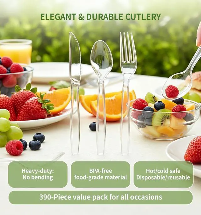 Alt view image 6 of 6 - 390 Count Heavy Duty Disposable Clear Plastic Cutlery Set, Bulk | 160 Forks & 160 Spoons & 70 Knives, Premium Quality, BPA-Free,Heat Resistant, Transparent, for Everyday Use, Party Supply