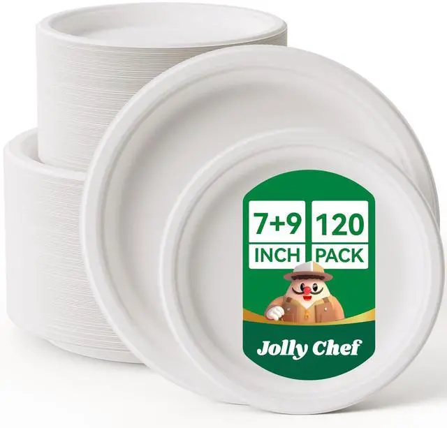 Main image of Compostable Heavy Duty 7 Inch and 9 Inch 120 Pack Eco-Friendly Paper Plates | Disposable Plates Bagasse Biodegradable Sugarcane for Party Hot Cold Foods Christmas(White)