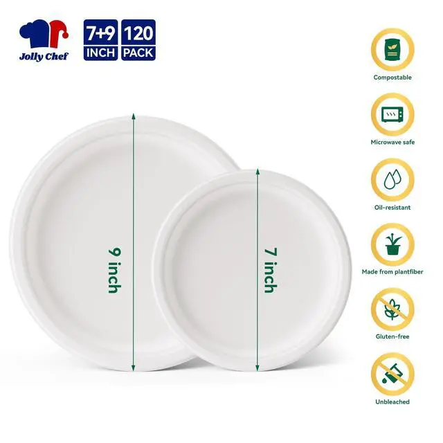 Alt view image 2 of 7 - Compostable Heavy Duty 7 Inch and 9 Inch 120 Pack Eco-Friendly Paper Plates | Disposable Plates Bagasse Biodegradable Sugarcane for Party Hot Cold Foods Christmas(White)