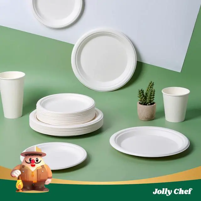 Alt view image 4 of 7 - Compostable Heavy Duty 7 Inch and 9 Inch 120 Pack Eco-Friendly Paper Plates | Disposable Plates Bagasse Biodegradable Sugarcane for Party Hot Cold Foods Christmas(White)